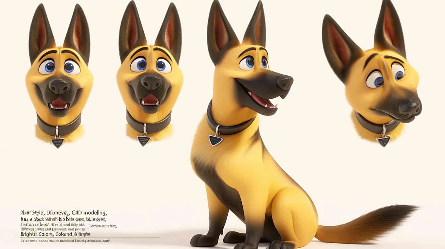 Pixar style, Disney Style, 3D design, C4D modeling, Cute German Shepherd Dog, adorable with big blue eyes, has a black mark on the chest, Lemon colored fur,character sheet , different expressions and poses，white background，Bright Colors, LivelyAtmosphere, Blender, OC Renderer, High Detail, High Quality  - style4部分