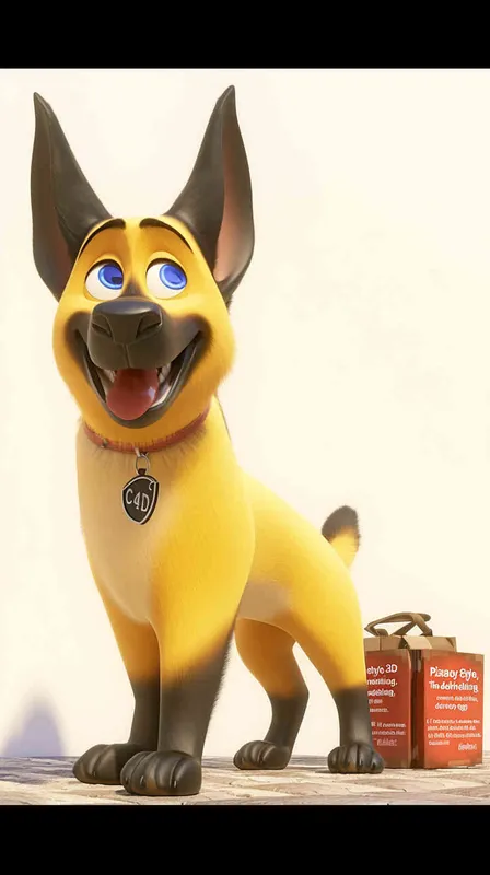 Pixar style, Disney Style, 3D design, C4D modeling,  The delivery dog walks down the street carrying his delivery bag，Style: Cartoon, lighting: bright and colorful, camera: wide-angle, resolution: 4K, aspect ratio: 16:9, chaos: 50 - style3部分