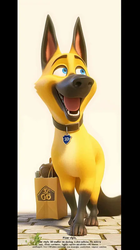 Pixar style, Disney Style, 3D design, C4D modeling,  The delivery dog walks down the street carrying his delivery bag，Style: Cartoon, lighting: bright and colorful, camera: wide-angle, resolution: 4K, aspect ratio: 16:9, chaos: 50 - style4部分