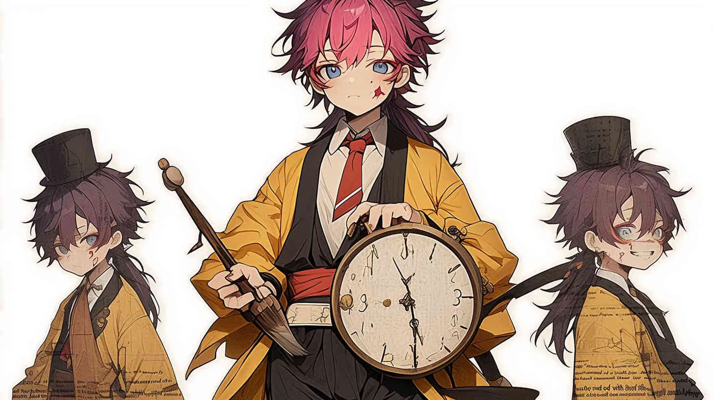 Three views , namely the front view , the side view and the bacn view，featuring a historical costume Q-version character wearing a yellow Taoist robe,DeI stijil,chibi style, red cuffs, and half tied  long hair, holding a clock, a boy,OC setting, Q-version art style, white background,  ancient style IP design, Q-version, best quality, using the Niji v6 version, size must be horizontal version，Three perspectives on the same horizontal line ，4k, super detail , front view -- niji 6- s 150-- ar 3:2-- style raw - style1部分
