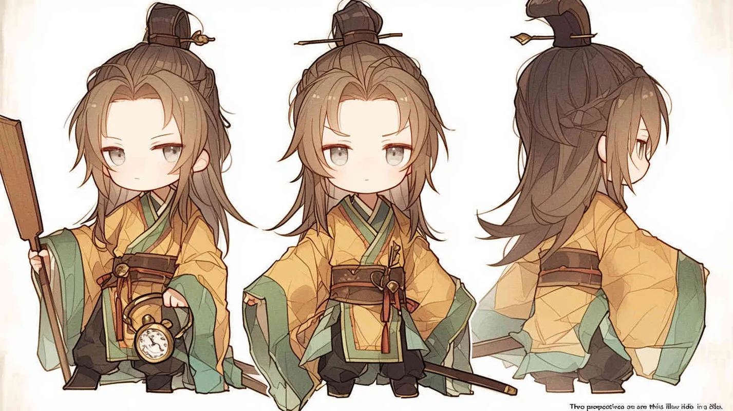 Three views , namely the front view , the side view and the bacn view，featuring a historical costume Q-version character wearing a yellow Taoist robe,DeI stijil,chibi style, red cuffs, and half tied  long hair, holding a clock, a boy,OC setting, Q-version art style, white background,  ancient style IP design, Q-version, best quality, using the Niji v6 version, size must be horizontal version，Three perspectives on the same horizontal line ，4k, super detail , front view -- niji 6- s 150-- ar 3:2-- style raw - style3部分