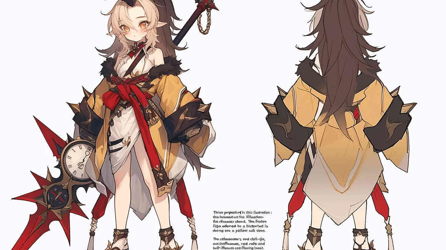 Three views , namely the front view , the side view and the bacn view，featuring a historical costume Q-version character wearing a yellow Taoist robe,DeI stijil,chibi style, red cuffs, and half tied  long hair, holding a clock, a boy,OC setting, Q-version art style, white background,  ancient style IP design, Q-version, best quality, using the Niji v6 version, size must be horizontal version，Three perspectives on the same horizontal line ，4k, super detail , front view -- niji 6- s 150-- ar 3:2-- style raw - style4部分