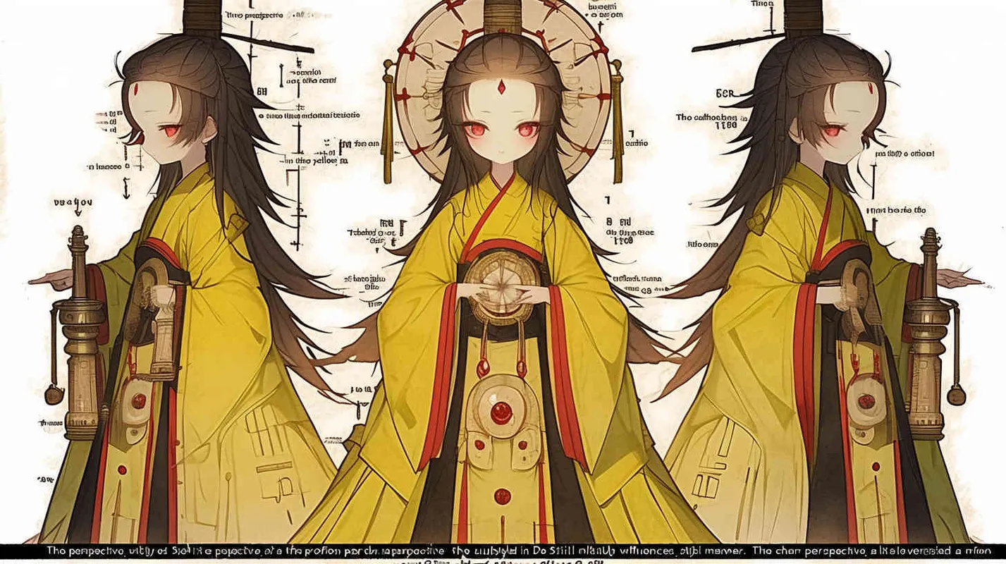 Three views , namely the front view , the side view and the bacn view，featuring a historical costume Q-version character wearing a yellow Taoist robe,DeI stijil,chibi style, red cuffs, and half tied  long hair, holding a clock, a boy,OC setting, Q-version art style, white background,  ancient style IP design, Q-version, best quality, using the Niji v6 version, size must be horizontal version，Three perspectives on the same horizontal line ，4k, super detail , front view -- niji 6- s 150-- ar 3:2-- style raw - style1部分