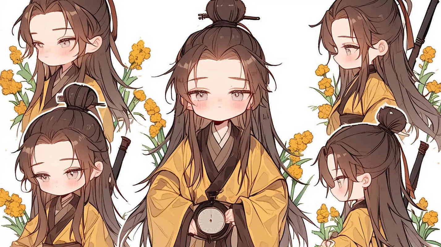 Three views , namely the front view , the side view and the bacn view，featuring a historical costume Q-version character wearing a yellow Taoist robe,DeI stijil,chibi style, red cuffs, and half tied  long hair, holding a clock, a boy,OC setting, Q-version art style, white background,  ancient style IP design, Q-version, best quality, using the Niji v6 version, size must be horizontal version，Three perspectives on the same horizontal line ，4k, super detail , front view -- niji 6- s 150-- ar 3:2-- style raw - style2部分