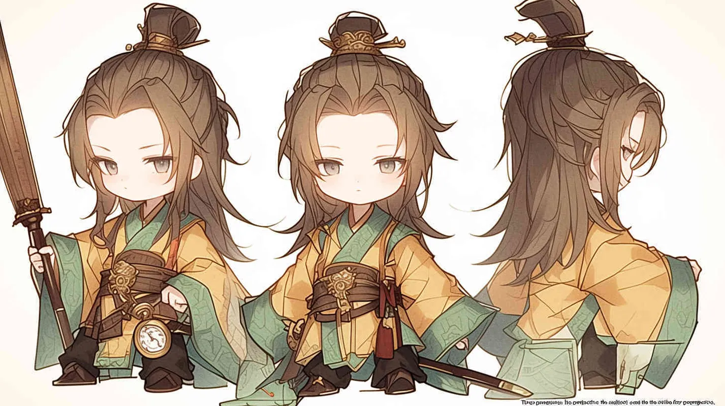 Three views , namely the front view , the side view and the bacn view，featuring a historical costume Q-version character wearing a yellow Taoist robe,DeI stijil,chibi style, red cuffs, and half tied  long hair, holding a clock, a boy,OC setting, Q-version art style, white background,  ancient style IP design, Q-version, best quality, using the Niji v6 version, size must be horizontal version，Three perspectives on the same horizontal line ，4k, super detail , front view -- niji 6- s 150-- ar 3:2-- style raw - style3部分