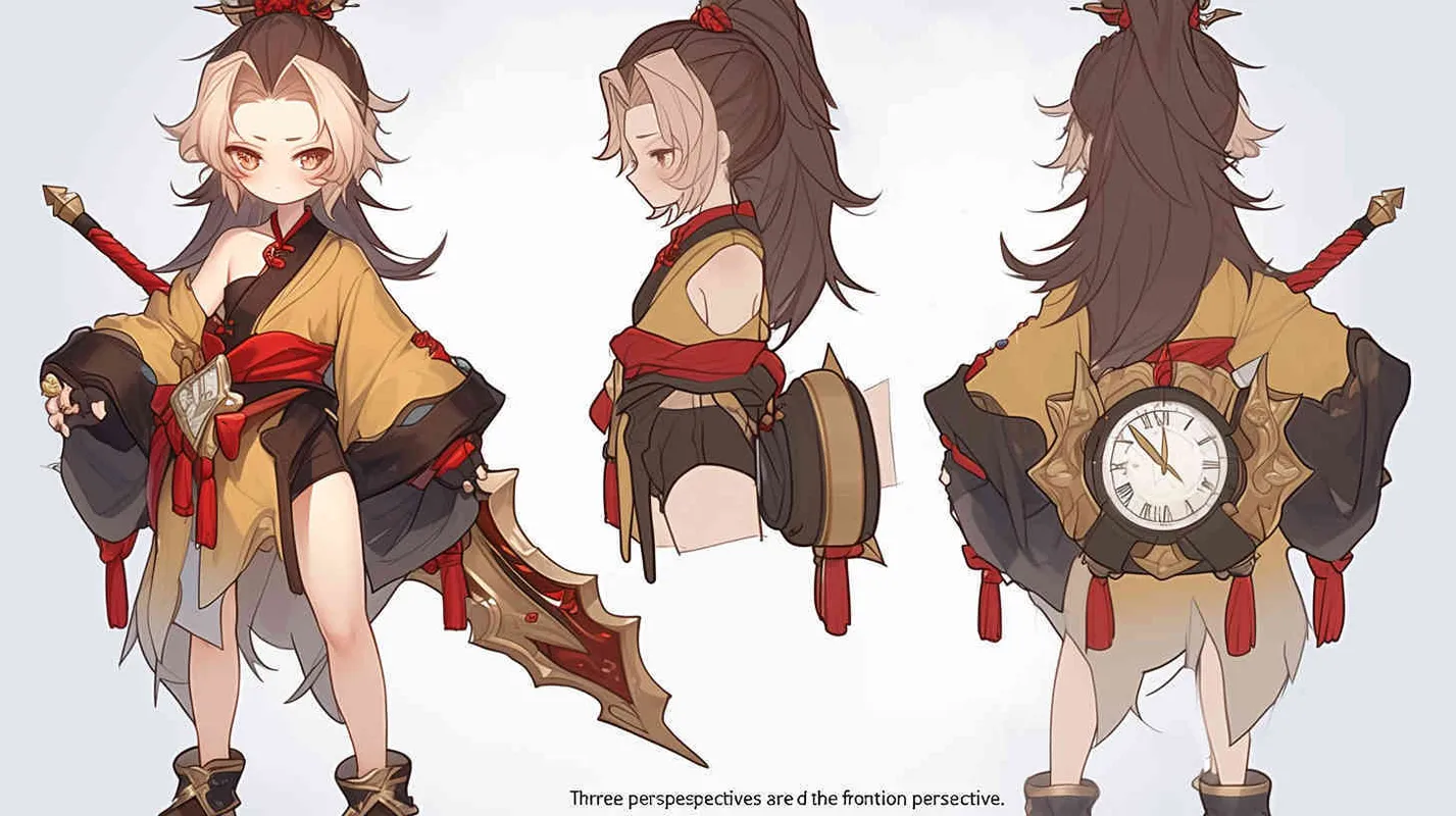 Three views , namely the front view , the side view and the bacn view，featuring a historical costume Q-version character wearing a yellow Taoist robe,DeI stijil,chibi style, red cuffs, and half tied  long hair, holding a clock, a boy,OC setting, Q-version art style, white background,  ancient style IP design, Q-version, best quality, using the Niji v6 version, size must be horizontal version，Three perspectives on the same horizontal line ，4k, super detail , front view -- niji 6- s 150-- ar 3:2-- style raw - style4部分