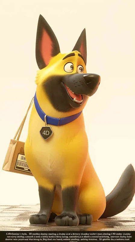 Pixar style, Disney Style, 3D design, C4D modeling, A chubby dog wearing a delivery worker's hat and a blue uniform clumsily holds a delivery bag, nervously looking around, trembling. Rain pours down heavily, with hardly any pedestrians on the street,Bright Colors, LivelyAtmosphere, Blender, OC Renderer, High Detail, High Quality - style3部分