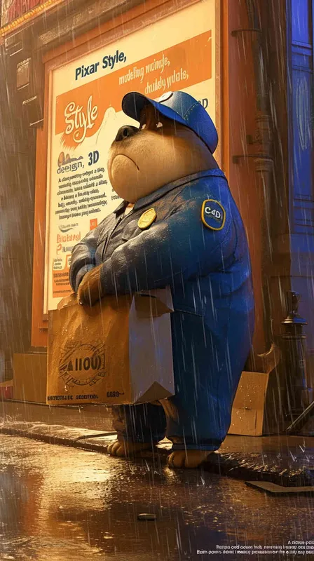 Pixar style, Disney Style, 3D design, C4D modeling, A chubby dog wearing a delivery worker's hat and a blue uniform clumsily holds a delivery bag, nervously looking around, trembling. Rain pours down heavily, with hardly any pedestrians on the street,Bright Colors, LivelyAtmosphere, Blender, OC Renderer, High Detail, High Quality  - style1部分