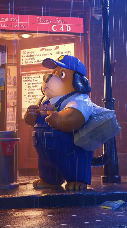 Pixar style, Disney Style, 3D design, C4D modeling, A chubby dog wearing a delivery worker's hat and a blue uniform clumsily holds a delivery bag, nervously looking around, trembling. Rain pours down heavily, with hardly any pedestrians on the street,Bright Colors, LivelyAtmosphere, Blender, OC Renderer, High Detail, High Quality  - style2部分