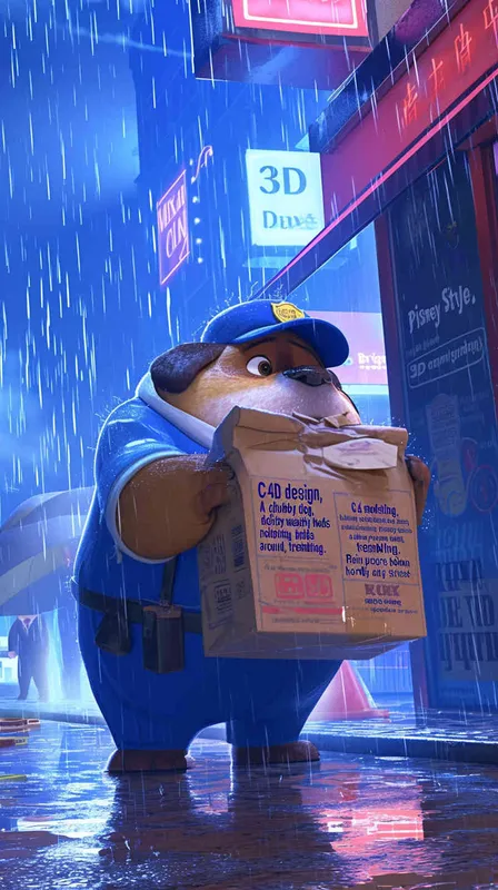 Pixar style, Disney Style, 3D design, C4D modeling, A chubby dog wearing a delivery worker's hat and a blue uniform clumsily holds a delivery bag, nervously looking around, trembling. Rain pours down heavily, with hardly any pedestrians on the street,Bright Colors, LivelyAtmosphere, Blender, OC Renderer, High Detail, High Quality  - style3部分