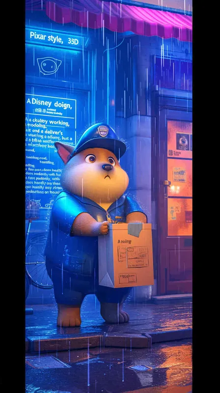 Pixar style, Disney Style, 3D design, C4D modeling, A chubby dog wearing a delivery worker's hat and a blue uniform clumsily holds a delivery bag, nervously looking around, trembling. Rain pours down heavily, with hardly any pedestrians on the street,Bright Colors, LivelyAtmosphere, Blender, OC Renderer, High Detail, High Quality  - style4部分