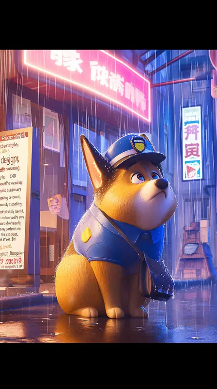 Pixar style, Disney Style, 3D design, C4D modeling, A chubby dog wearing a delivery worker's hat and a blue uniform clumsily holds a delivery bag, nervously looking around, trembling. Rain pours down heavily, with hardly any pedestrians on the street,Bright Colors, LivelyAtmosphere, Blender, OC Renderer, High Detail, High Quality - style1部分
