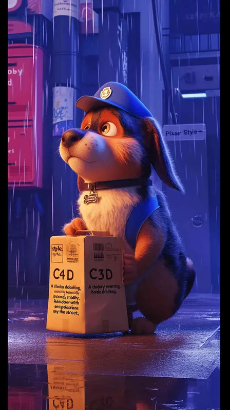 Pixar style, Disney Style, 3D design, C4D modeling, A chubby dog wearing a delivery worker's hat and a blue uniform clumsily holds a delivery bag, nervously looking around, trembling. Rain pours down heavily, with hardly any pedestrians on the street,Bright Colors, LivelyAtmosphere, Blender, OC Renderer, High Detail, High Quality - style2部分