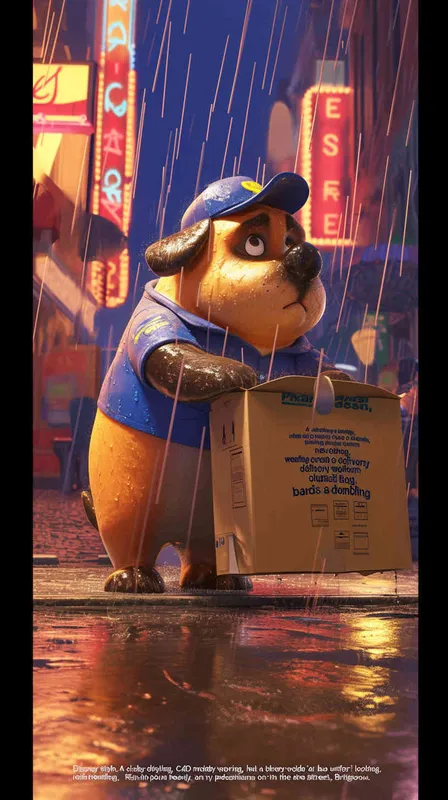 Pixar style, Disney Style, 3D design, C4D modeling, A chubby dog wearing a delivery worker's hat and a blue uniform clumsily holds a delivery bag, nervously looking around, trembling. Rain pours down heavily, with hardly any pedestrians on the street,Bright Colors, LivelyAtmosphere, Blender, OC Renderer, High Detail, High Quality - style3部分