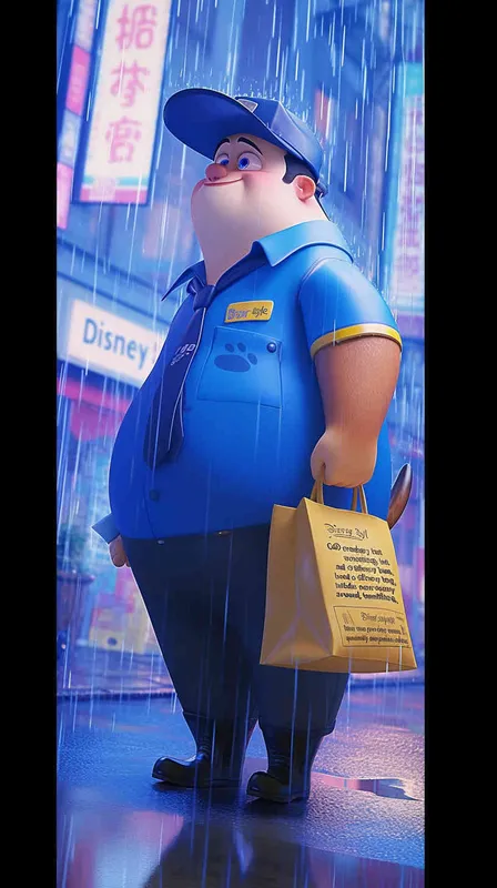 Pixar style, Disney Style, 3D design, C4D modeling, A chubby dog wearing a delivery worker's hat and a blue uniform clumsily holds a delivery bag, nervously looking around, trembling. Rain pours down heavily, with hardly any pedestrians on the street,Bright Colors, LivelyAtmosphere, Blender, OC Renderer, High Detail, High Quality - style4部分