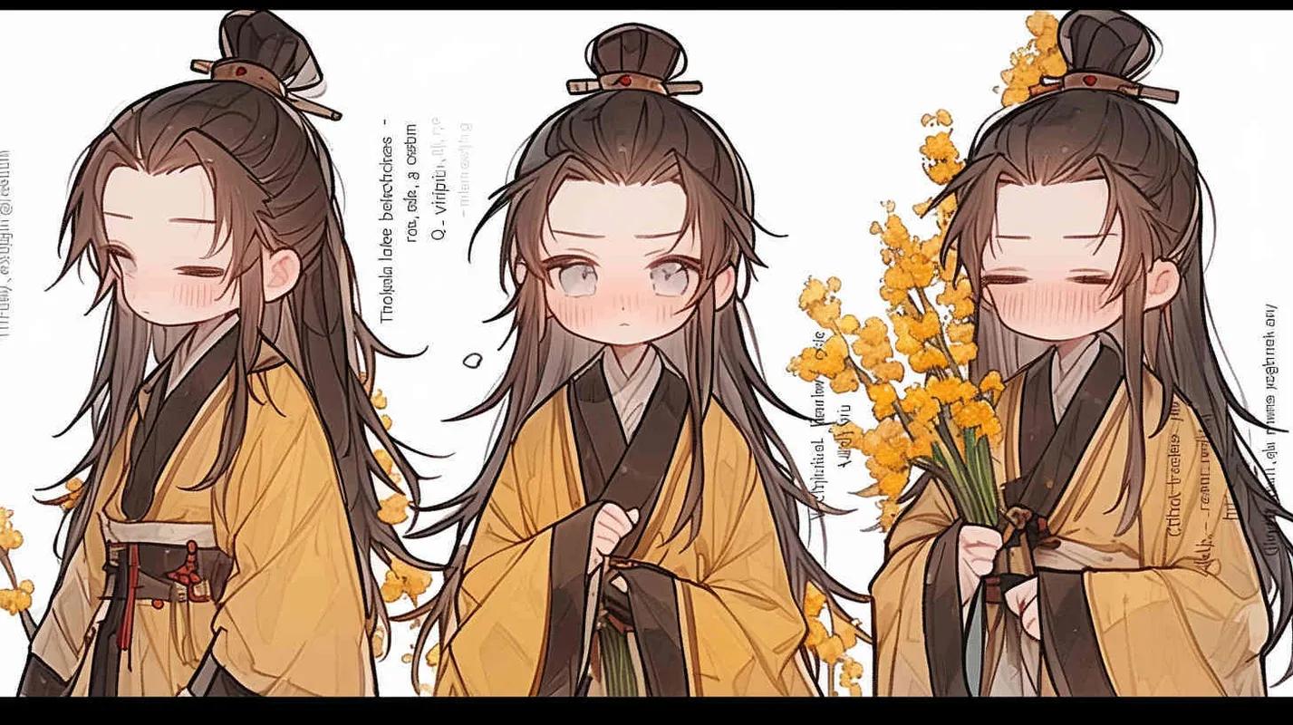 Three views , namely the front view , the side view and the bacn view，featuring a historical costume Q-version character wearing a yellow Taoist robe,DeI stijil,chibi style, red cuffs, and half tied hair, holding a clock, a boy,OC setting, Q-version art style, white background,  ancient style IP design, Q-version, best quality, using the Niji v6 version, size must be horizontal version，4k, super detail , front view -- niji 6- s 150-- ar 3:2-- style raw - style1部分
