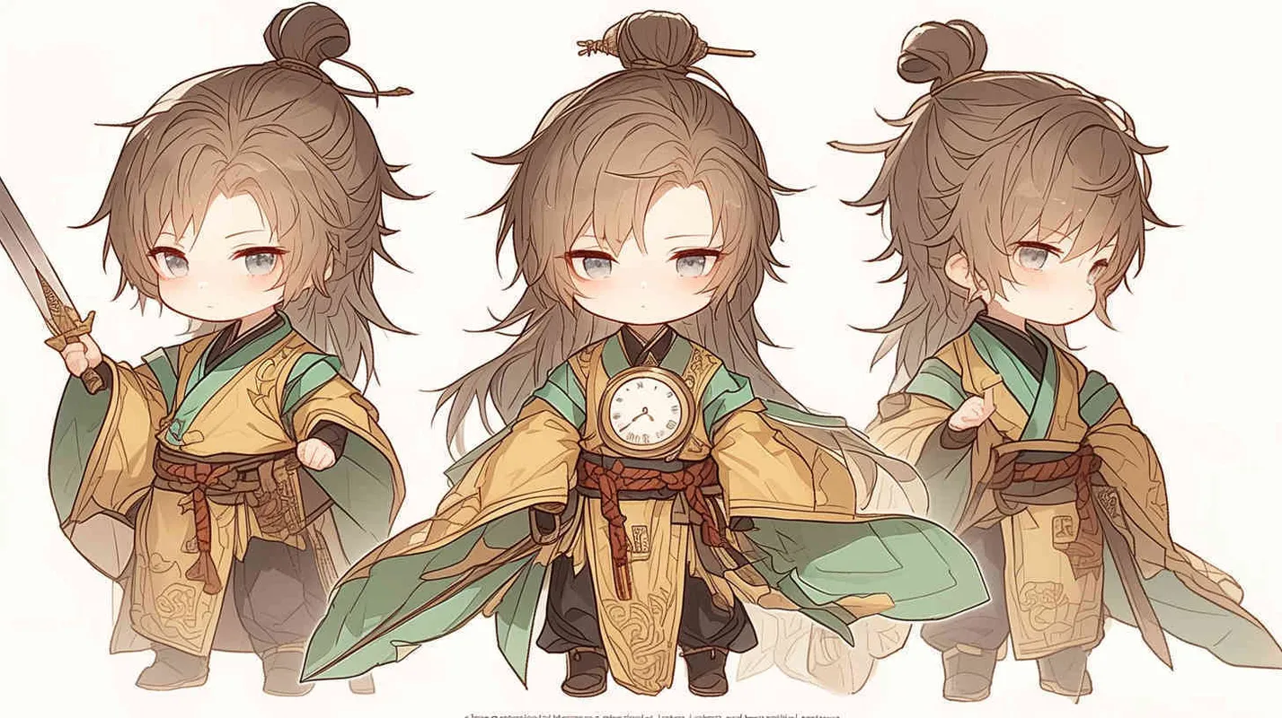 Three views , namely the front view , the side view and the bacn view，featuring a historical costume Q-version character wearing a yellow Taoist robe,DeI stijil,chibi style, red cuffs, and half tied hair, holding a clock, a boy,OC setting, Q-version art style, white background,  ancient style IP design, Q-version, best quality, using the Niji v6 version, size must be horizontal version，4k, super detail , front view -- niji 6- s 150-- ar 3:2-- style raw - style2部分