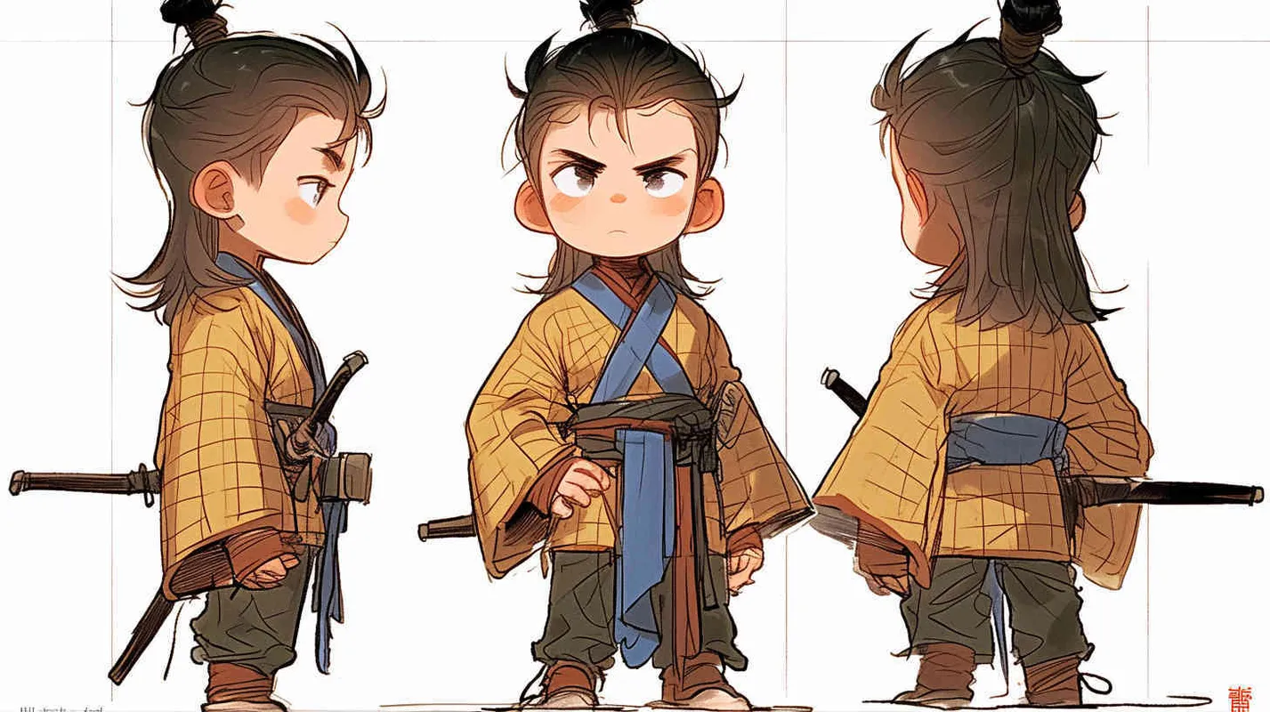 Three views , namely the front view , the side view and the bacn view，featuring a historical costume Q-version character wearing a yellow Taoist robe,DeI stijil,chibi style, red cuffs, and half tied hair, holding a clock, a boy,OC setting, Q-version art style, white background,  ancient style IP design, Q-version, best quality, using the Niji v6 version, size must be horizontal version，4k, super detail , front view -- niji 6- s 150-- ar 3:2-- style raw - style3部分