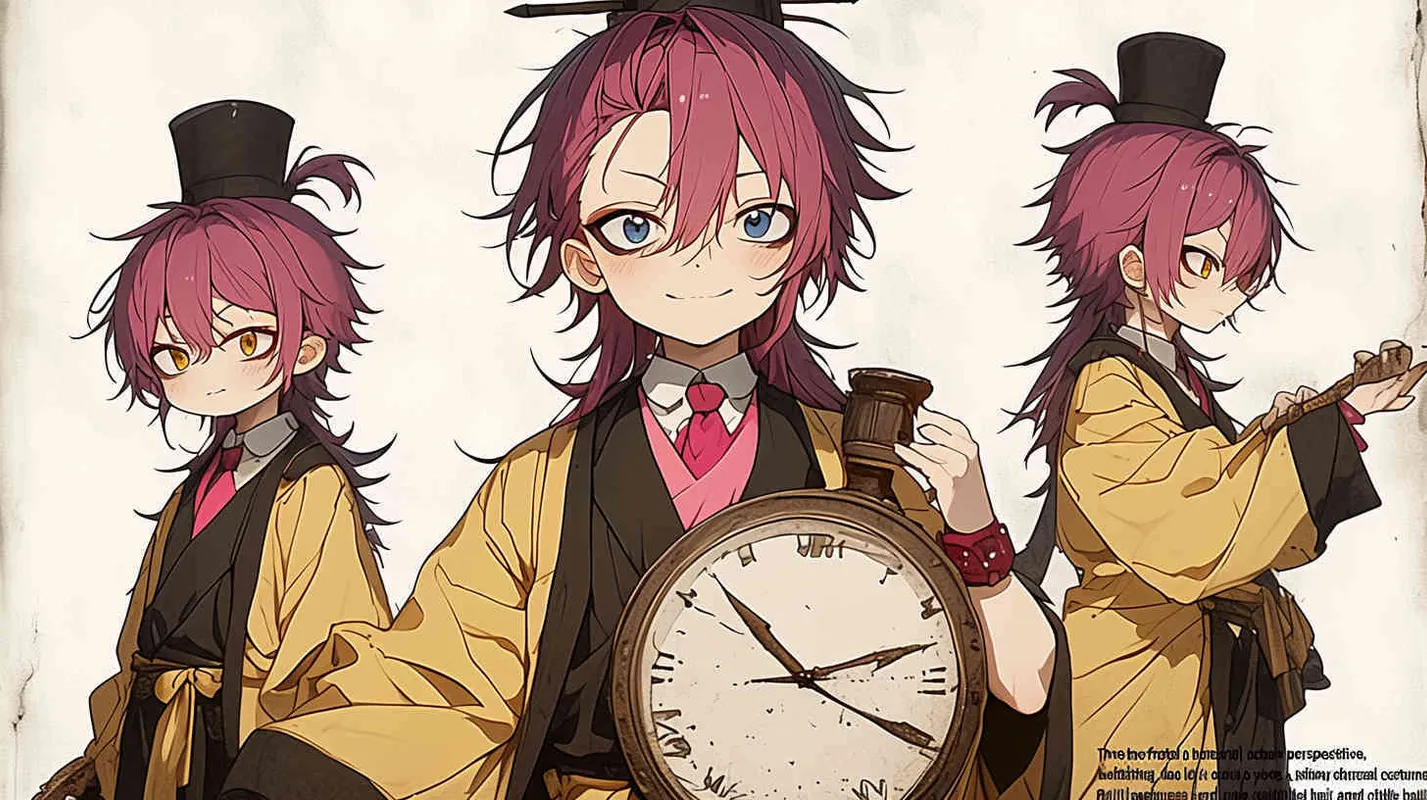 Three views , namely the front view , the side view and the bacn view，featuring a historical costume Q-version character wearing a yellow Taoist robe,DeI stijil,chibi style, red cuffs, and half tied hair, holding a clock, a boy,OC setting, Q-version art style, white background,  ancient style IP design, Q-version, best quality, using the Niji v6 version, size must be horizontal version，4k, super detail , front view -- niji 6- s 150-- ar 3:2-- style raw - style4部分