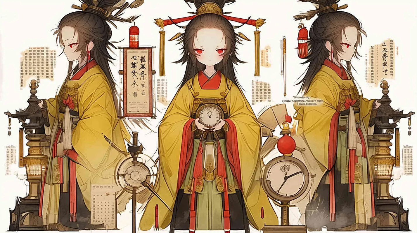 Three views , namely the front view , the side view and the bacn view，featuring a historical costume Q-version character wearing a yellow Taoist robe,DeI stijil,chibi style, red cuffs, and half tied hair, holding a clock, a boy,OC setting, Q-version art style, white background,  ancient style IP design, Q-version, best quality, using the Niji v6 version, size must be horizontal version，4k, super detail , front view -- niji 6- s 150-- ar 3:2-- style raw - style1部分