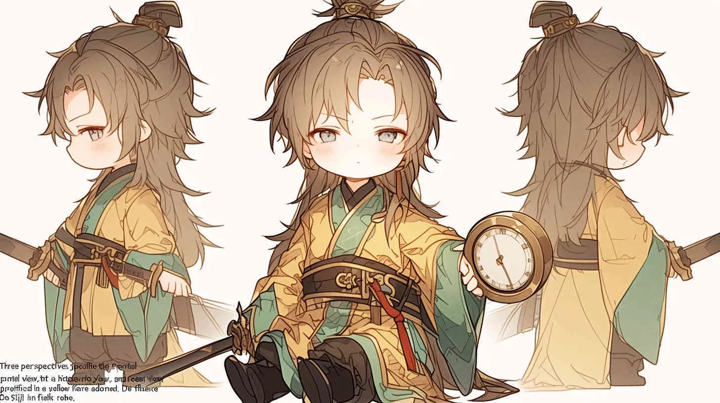 Three views , namely the front view , the side view and the bacn view，featuring a historical costume Q-version character wearing a yellow Taoist robe,DeI stijil,chibi style, red cuffs, and half tied hair, holding a clock, a boy,OC setting, Q-version art style, white background,  ancient style IP design, Q-version, best quality, using the Niji v6 version, size must be horizontal version，4k, super detail , front view -- niji 6- s 150-- ar 3:2-- style raw - style3部分
