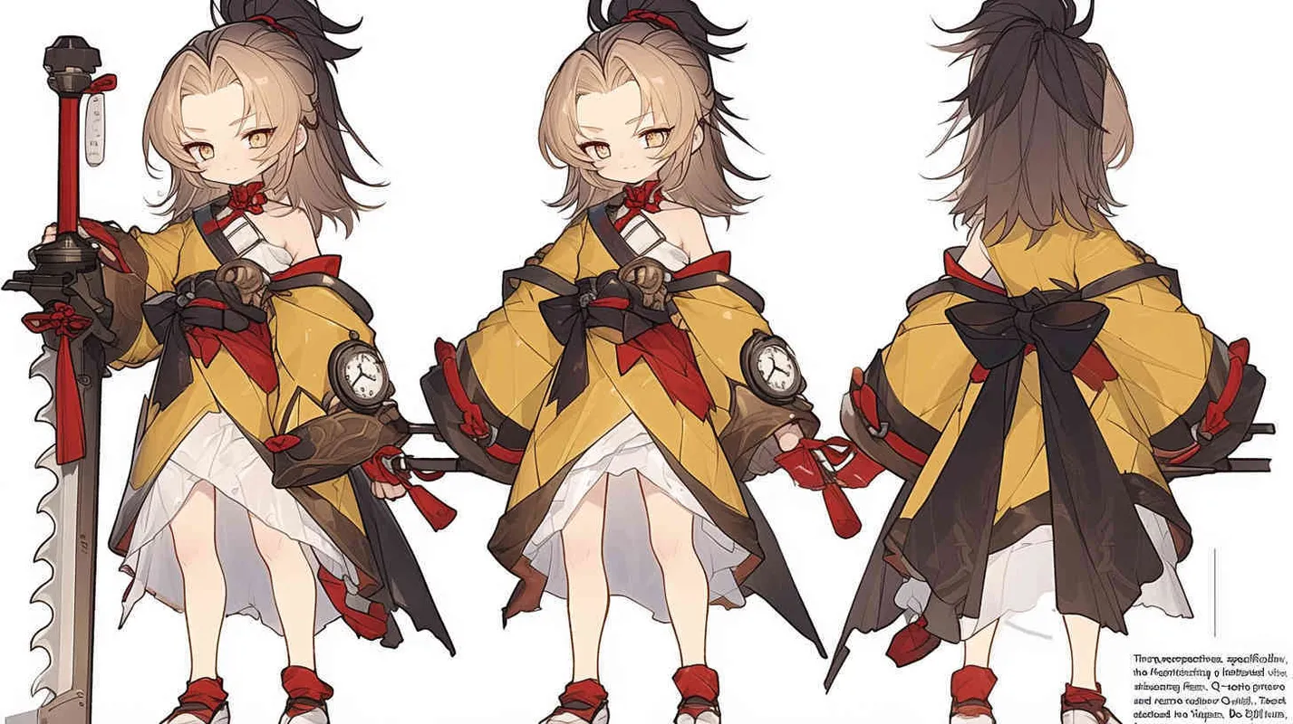 Three views , namely the front view , the side view and the bacn view，featuring a historical costume Q-version character wearing a yellow Taoist robe,DeI stijil,chibi style, red cuffs, and half tied hair, holding a clock, a boy,OC setting, Q-version art style, white background,  ancient style IP design, Q-version, best quality, using the Niji v6 version, size must be horizontal version，4k, super detail , front view -- niji 6- s 150-- ar 3:2-- style raw - style4部分