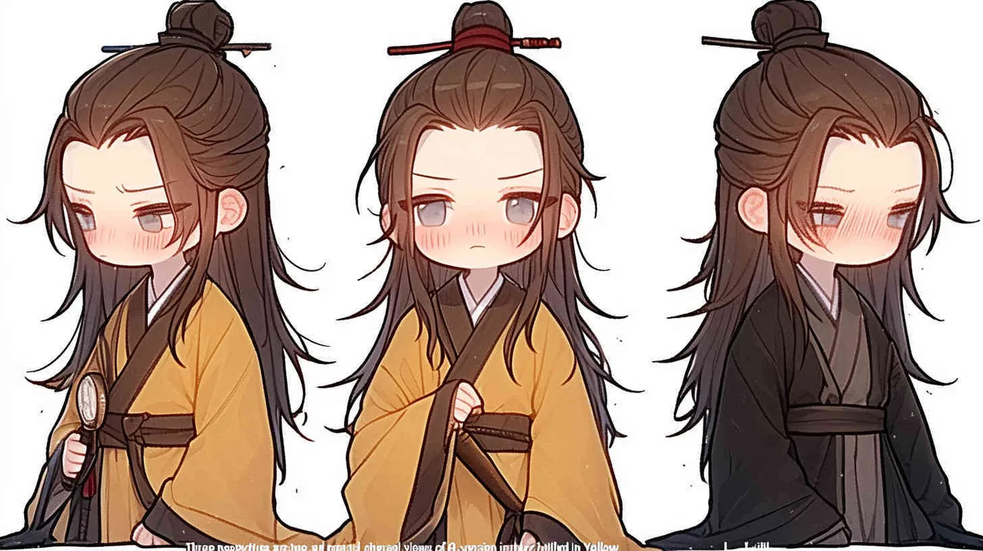 Three views , namely the front view , the side view and the bacn view，featuring a historical costume Q-version character wearing a yellow Taoist robe,DeI stijil,chibi style, red cuffs, and half tied hair, holding a clock, a boy,OC setting, Q-version art style, white background,  ancient style IP design, Q-version, best quality, using the Niji v6 version, size must be horizontal version，4k, super detail , front view -- niji 6- s 150-- ar 3:2-- style raw - style1部分