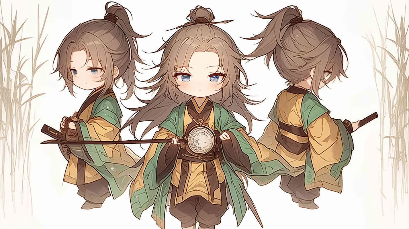 Three views , namely the front view , the side view and the bacn view，featuring a historical costume Q-version character wearing a yellow Taoist robe,DeI stijil,chibi style, red cuffs, and half tied hair, holding a clock, a boy,OC setting, Q-version art style, white background,  ancient style IP design, Q-version, best quality, using the Niji v6 version, size must be horizontal version，4k, super detail , front view -- niji 6- s 150-- ar 3:2-- style raw - style2部分