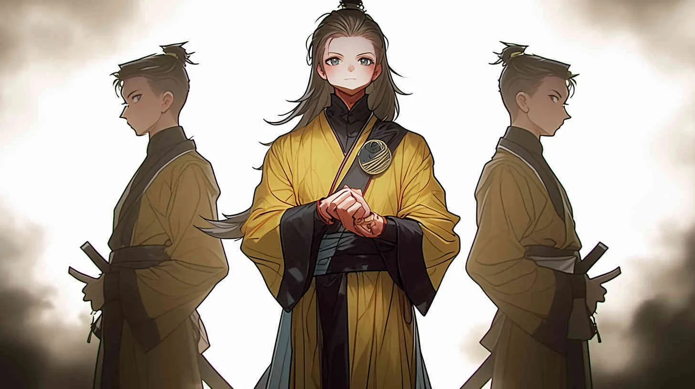 Three views , namely the front view , the side view and the bacn view，featuring a historical costume Q-version character wearing a yellow Taoist robe,DeI stijil,chibi style, red cuffs, and half tied hair, holding a clock, a boy,OC setting, Q-version art style, white background,  ancient style IP design, Q-version, best quality, using the Niji v6 version, size must be horizontal version，4k, super detail , front view -- niji 6- s 150-- ar 3:2-- style raw - style3部分