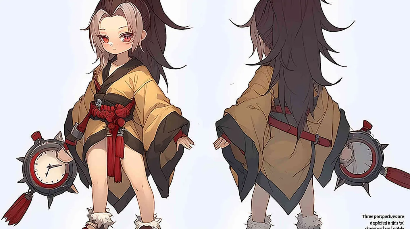 Three views , namely the front view , the side view and the bacn view，featuring a historical costume Q-version character wearing a yellow Taoist robe,DeI stijil,chibi style, red cuffs, and half tied hair, holding a clock, a boy,OC setting, Q-version art style, white background,  ancient style IP design, Q-version, best quality, using the Niji v6 version, size must be horizontal version，4k, super detail , front view -- niji 6- s 150-- ar 3:2-- style raw - style4部分
