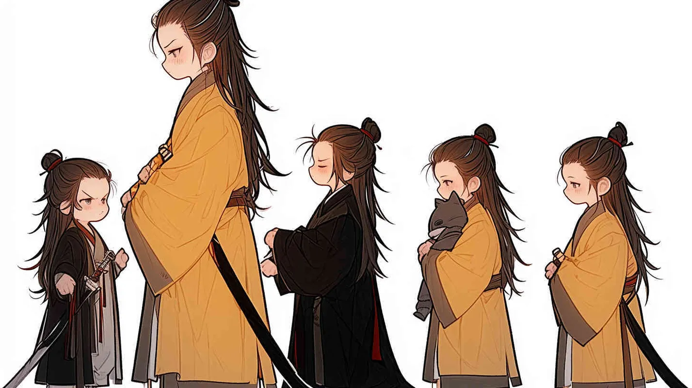 Three views , namely the front view , the side view and the bacn view，featuring a historical costume Q-version character wearing a yellow Taoist robe,DeI stijil,chibi style, red cuffs, and half tied  long hair, holding a clock, a boy,OC setting, Q-version art style, white background,  ancient style IP design, Q-version, best quality, using the Niji v6 version, size must be horizontal version，Three perspectives on the same horizontal line ，4k, super detail , front view -- niji 6- s 150-- ar 3:2-- style raw - style1部分