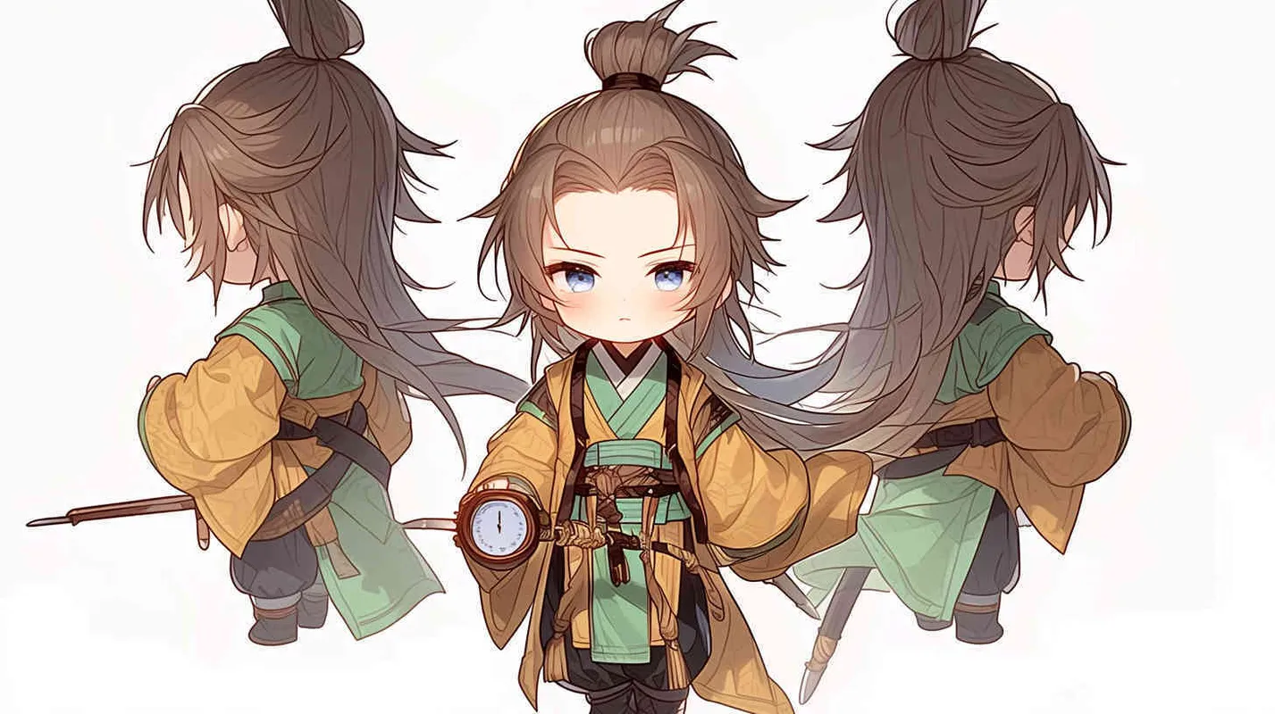 Three views , namely the front view , the side view and the bacn view，featuring a historical costume Q-version character wearing a yellow Taoist robe,DeI stijil,chibi style, red cuffs, and half tied  long hair, holding a clock, a boy,OC setting, Q-version art style, white background,  ancient style IP design, Q-version, best quality, using the Niji v6 version, size must be horizontal version，Three perspectives on the same horizontal line ，4k, super detail , front view -- niji 6- s 150-- ar 3:2-- style raw - style2部分