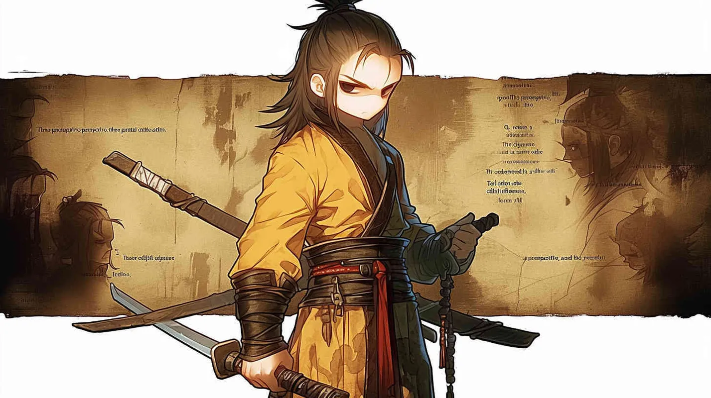 Three views , namely the front view , the side view and the bacn view，featuring a historical costume Q-version character wearing a yellow Taoist robe,DeI stijil,chibi style, red cuffs, and half tied  long hair, holding a clock, a boy,OC setting, Q-version art style, white background,  ancient style IP design, Q-version, best quality, using the Niji v6 version, size must be horizontal version，Three perspectives on the same horizontal line ，4k, super detail , front view -- niji 6- s 150-- ar 3:2-- style raw - style3部分