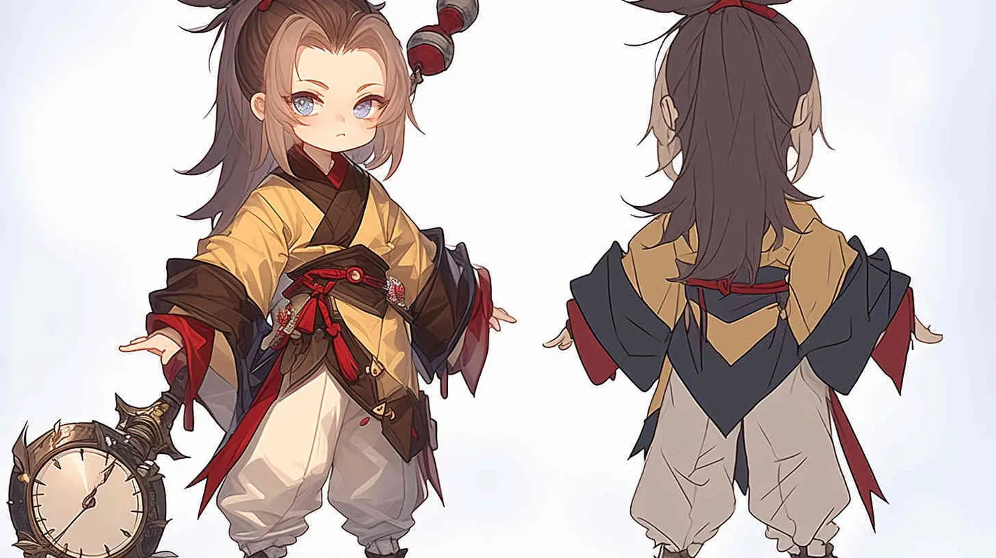 Three views , namely the front view , the side view and the bacn view，featuring a historical costume Q-version character wearing a yellow Taoist robe,DeI stijil,chibi style, red cuffs, and half tied  long hair, holding a clock, a boy,OC setting, Q-version art style, white background,  ancient style IP design, Q-version, best quality, using the Niji v6 version, size must be horizontal version，Three perspectives on the same horizontal line ，4k, super detail , front view -- niji 6- s 150-- ar 3:2-- style raw - style4部分