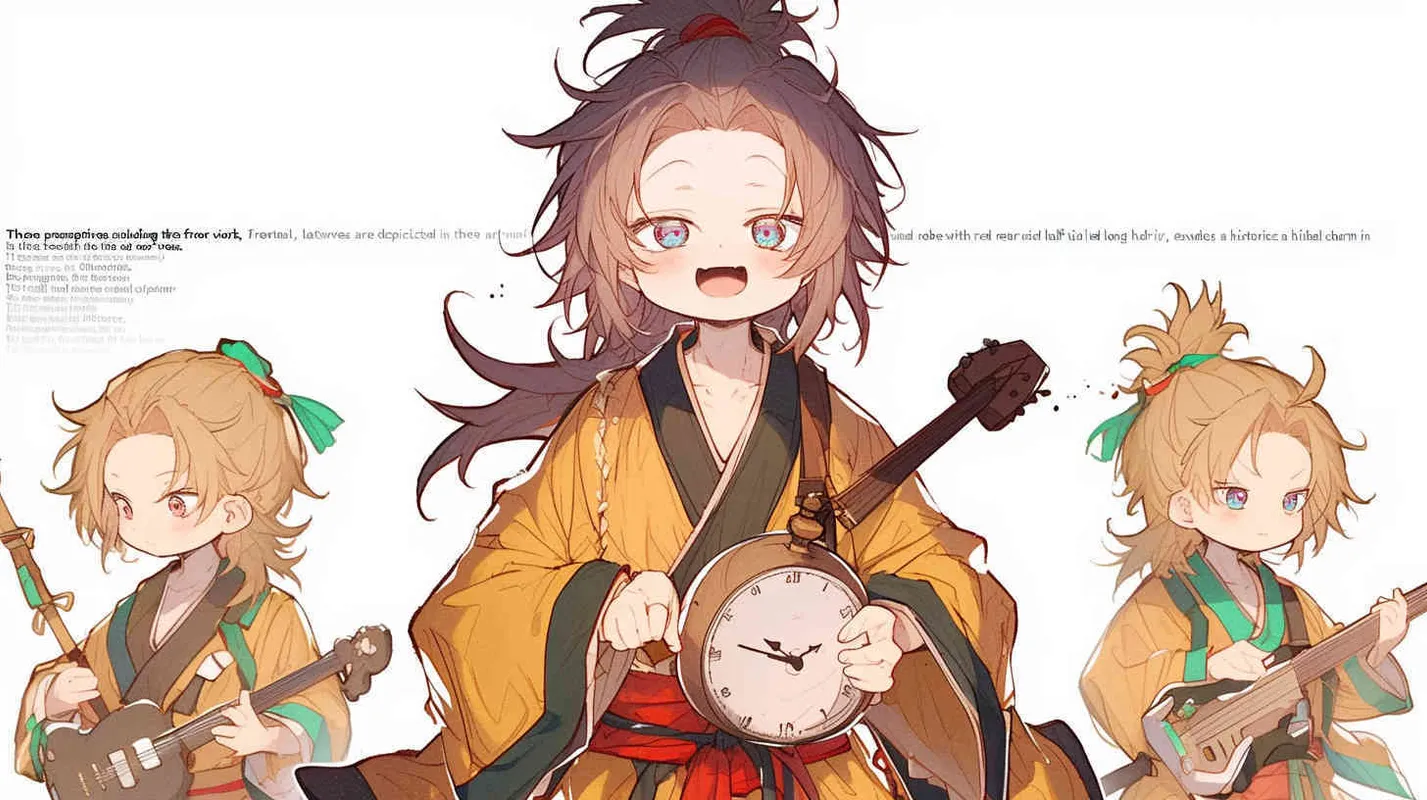 Three views , namely the front view , the side view and the bacn view，featuring a historical costume Q-version character wearing a yellow Taoist robe,DeI stijil,chibi style, red cuffs, and half tied  long hair, holding a clock, a boy,OC setting, Q-version art style, white background,  ancient style IP design, Q-version, best quality, using the Niji v6 version, size must be horizontal version，Three perspectives on the same horizontal line ，4k, super detail , front view -- niji 6- s 150-- ar 3:2-- style raw - style1部分