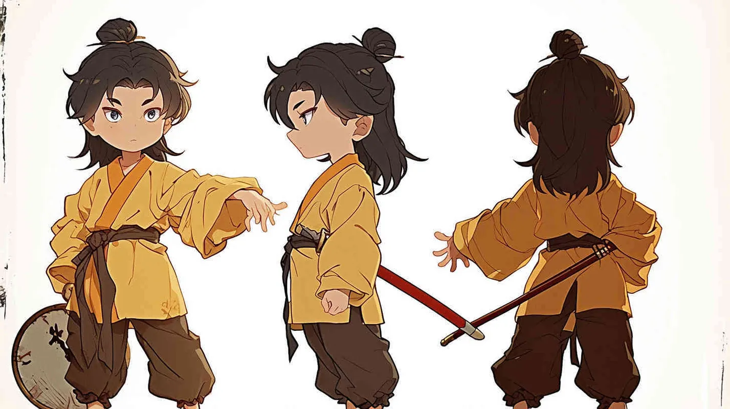 Three views , namely the front view , the side view and the bacn view，featuring a historical costume Q-version character wearing a yellow Taoist robe,DeI stijil,chibi style, red cuffs, and half tied  long hair, holding a clock, a boy,OC setting, Q-version art style, white background,  ancient style IP design, Q-version, best quality, using the Niji v6 version, size must be horizontal version，Three perspectives on the same horizontal line ，4k, super detail , front view -- niji 6- s 150-- ar 3:2-- style raw - style2部分
