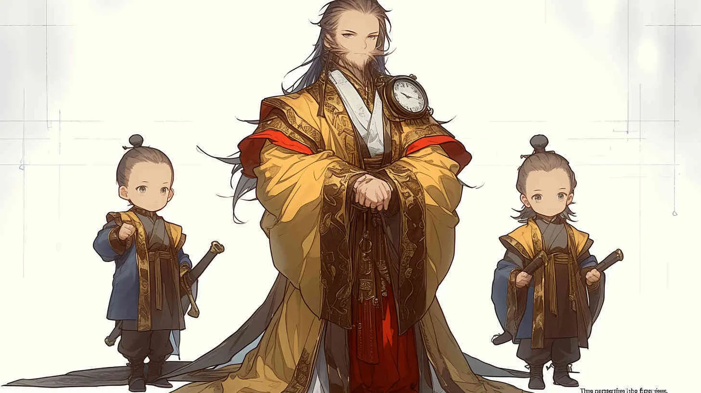 Three views , namely the front view , the side view and the bacn view，featuring a historical costume Q-version character wearing a yellow Taoist robe,DeI stijil,chibi style, red cuffs, and half tied  long hair, holding a clock, a boy,OC setting, Q-version art style, white background,  ancient style IP design, Q-version, best quality, using the Niji v6 version, size must be horizontal version，Three perspectives on the same horizontal line ，4k, super detail , front view -- niji 6- s 150-- ar 3:2-- style raw - style3部分