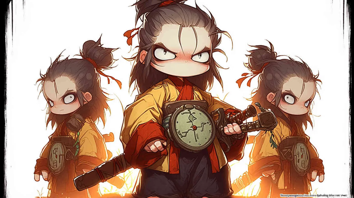 Three views , namely the front view , the side view and the bacn view，featuring a historical costume Q-version character wearing a yellow Taoist robe,DeI stijil,chibi style, red cuffs, and half tied  long hair, holding a clock, a boy,OC setting, Q-version art style, white background,  ancient style IP design, Q-version, best quality, using the Niji v6 version, size must be horizontal version，Three perspectives on the same horizontal line ，4k, super detail , front view -- niji 6- s 150-- ar 3:2-- style raw - style4部分