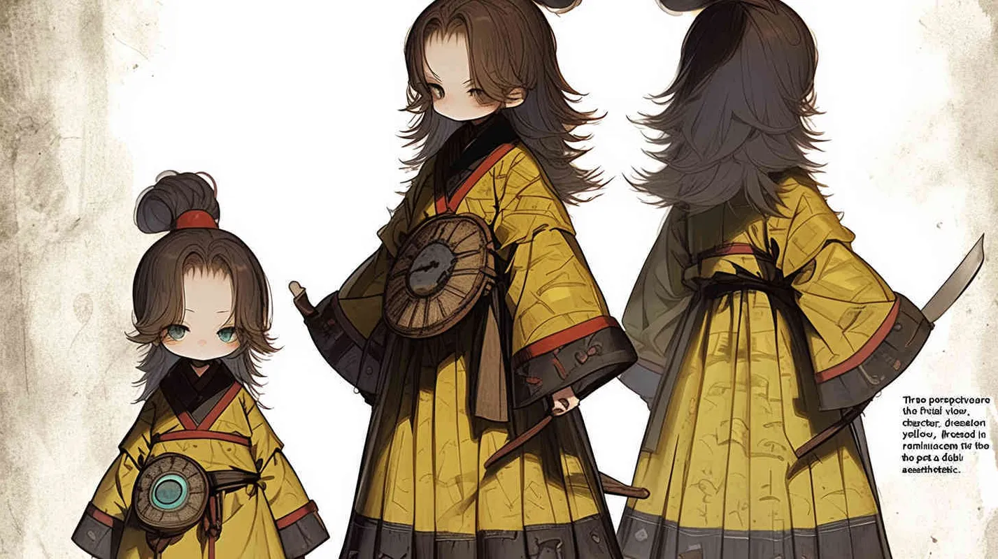 Three views , namely the front view , the side view and the bacn view，featuring a historical costume Q-version character wearing a yellow Taoist robe,DeI stijil,chibi style, red cuffs, and half tied  long hair, holding a clock, a boy,OC setting, Q-version art style, white background,  ancient style IP design, Q-version, best quality, using the Niji v6 version, size must be horizontal version，Three perspectives on the same horizontal line ，4k, super detail , front view -- niji 6- s 150-- ar 3:2-- style raw - style1部分