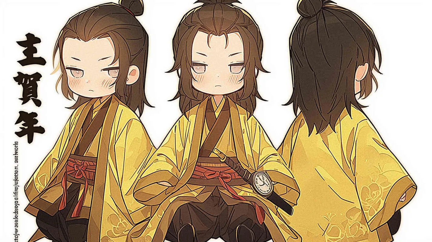 Three views , namely the front view , the side view and the bacn view，featuring a historical costume Q-version character wearing a yellow Taoist robe,DeI stijil,chibi style, red cuffs, and half tied  long hair, holding a clock, a boy,OC setting, Q-version art style, white background,  ancient style IP design, Q-version, best quality, using the Niji v6 version, size must be horizontal version，Three perspectives on the same horizontal line ，4k, super detail , front view -- niji 6- s 150-- ar 3:2-- style raw - style2部分