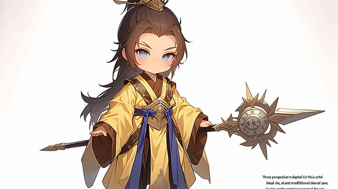 Three views , namely the front view , the side view and the bacn view，featuring a historical costume Q-version character wearing a yellow Taoist robe,DeI stijil,chibi style, red cuffs, and half tied  long hair, holding a clock, a boy,OC setting, Q-version art style, white background,  ancient style IP design, Q-version, best quality, using the Niji v6 version, size must be horizontal version，Three perspectives on the same horizontal line ，4k, super detail , front view -- niji 6- s 150-- ar 3:2-- style raw - style3部分