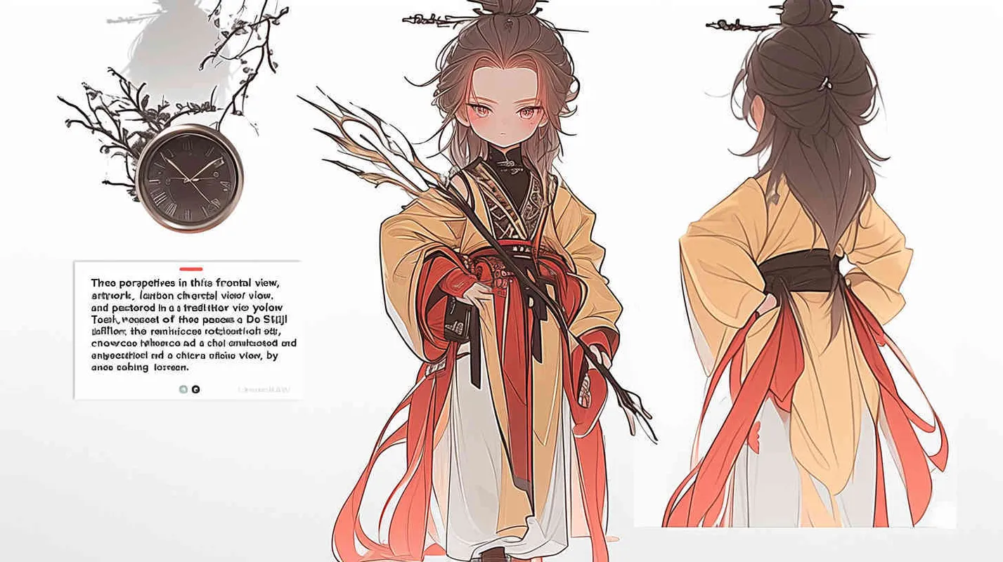 Three views , namely the front view , the side view and the bacn view，featuring a historical costume Q-version character wearing a yellow Taoist robe,DeI stijil,chibi style, red cuffs, and half tied  long hair, holding a clock, a boy,OC setting, Q-version art style, white background,  ancient style IP design, Q-version, best quality, using the Niji v6 version, size must be horizontal version，Three perspectives on the same horizontal line ，4k, super detail , front view -- niji 6- s 150-- ar 3:2-- style raw - style4部分