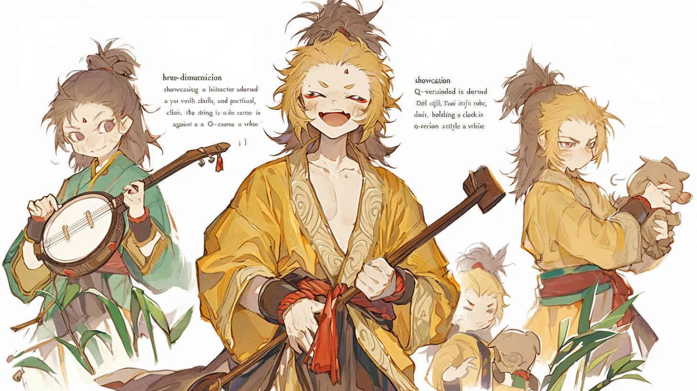 A three view view, front, side, back, and full body, featuring a historical costume Q-version character wearing a yellow Taoist robe,DeI stijil,chibi style, red cuffs, and half tied hair, holding a clock, OC setting, Q-version art style, white background,  ancient style IP design, Q-version, best quality, using the Niji v6 version, size must be horizontal version，4k, super detail , front view -- niji 6- s 150-- ar 3:2-- style raw - style1部分