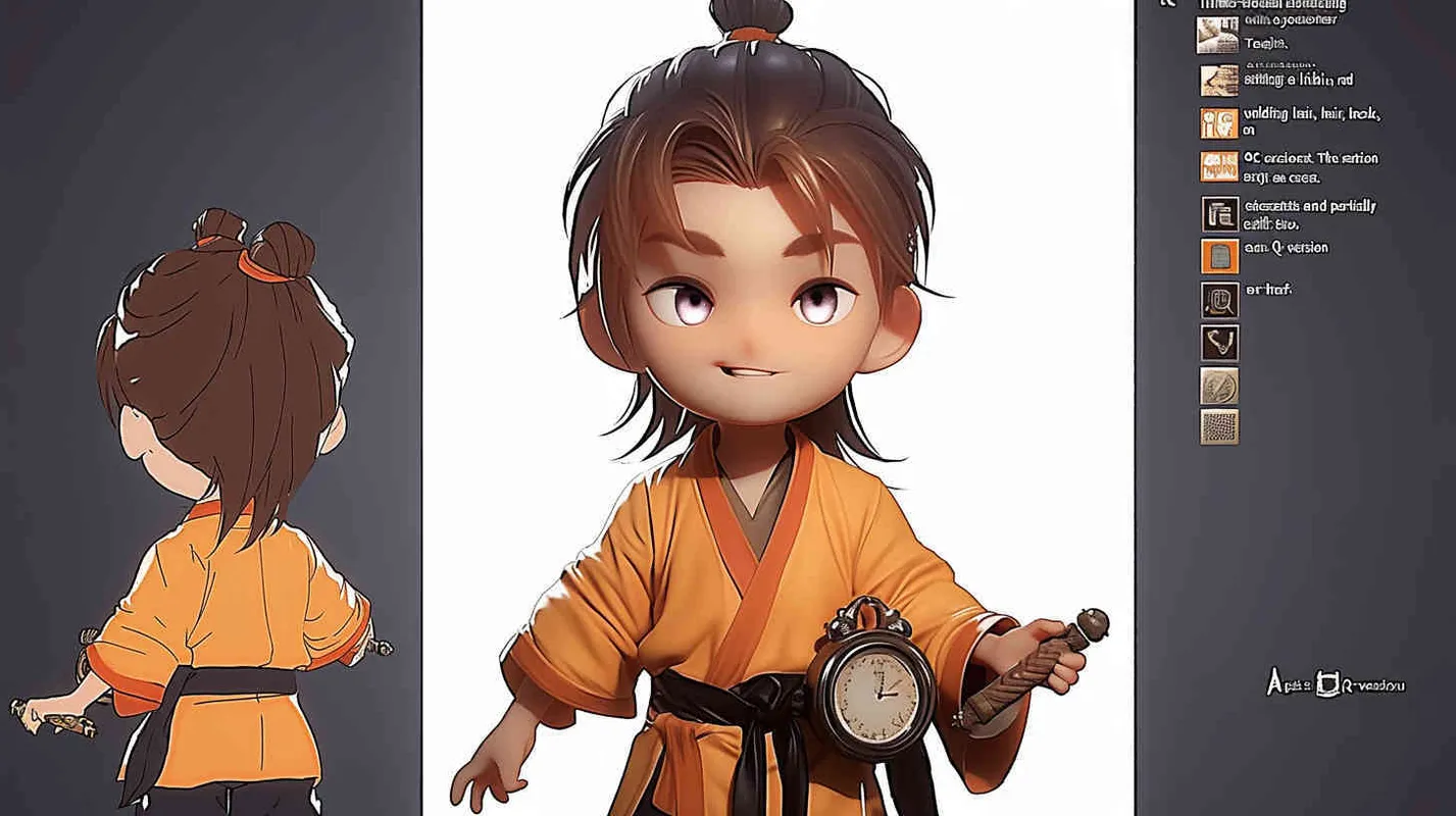 A three view view, front, side, back, and full body, featuring a historical costume Q-version character wearing a yellow Taoist robe,DeI stijil,chibi style, red cuffs, and half tied hair, holding a clock, OC setting, Q-version art style, white background,  ancient style IP design, Q-version, best quality, using the Niji v6 version, size must be horizontal version，4k, super detail , front view -- niji 6- s 150-- ar 3:2-- style raw - style2部分