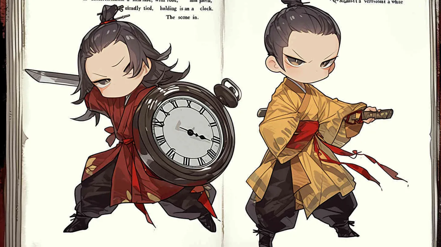 A three view view, front, side, back, and full body, featuring a historical costume Q-version character wearing a yellow Taoist robe,DeI stijil,chibi style, red cuffs, and half tied hair, holding a clock, OC setting, Q-version art style, white background,  ancient style IP design, Q-version, best quality, using the Niji v6 version, size must be horizontal version，4k, super detail , front view -- niji 6- s 150-- ar 3:2-- style raw - style3部分