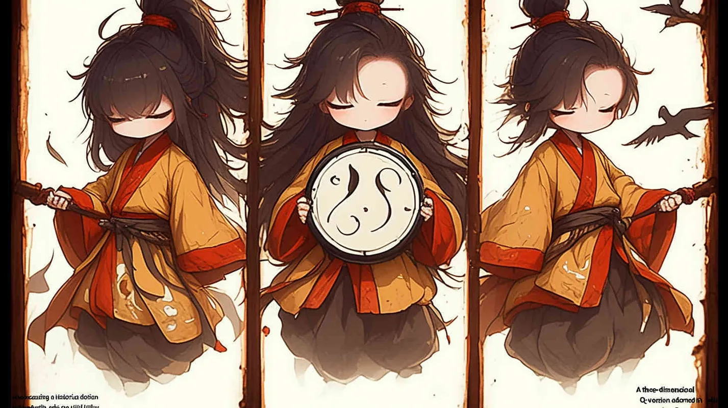 A three view view, front, side, back, and full body, featuring a historical costume Q-version character wearing a yellow Taoist robe,DeI stijil,chibi style, red cuffs, and half tied hair, holding a clock, OC setting, Q-version art style, white background,  ancient style IP design, Q-version, best quality, using the Niji v6 version, size must be horizontal version，4k, super detail , front view -- niji 6- s 150-- ar 3:2-- style raw - style4部分