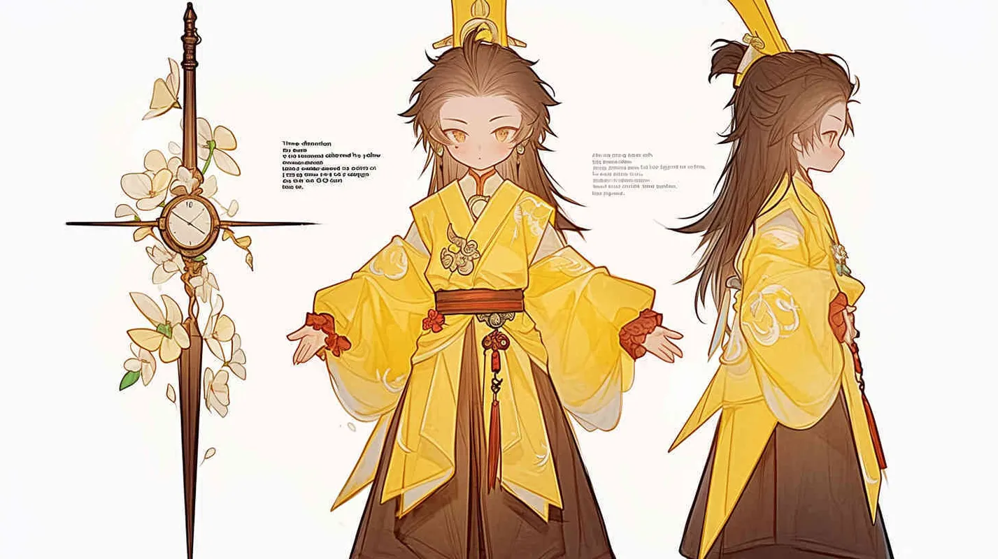 A three view view, front, side, back, and full body, featuring a historical costume Q-version character wearing a yellow Taoist robe,DeI stijil,chibi style, red cuffs, and half tied hair, holding a clock, OC setting, Q-version art style, white background,  ancient style IP design, Q-version, best quality, using the Niji v6 version, size must be horizontal version，4k, super detail , front view -- niji 6- s 150-- ar 3:2-- style raw - style2部分