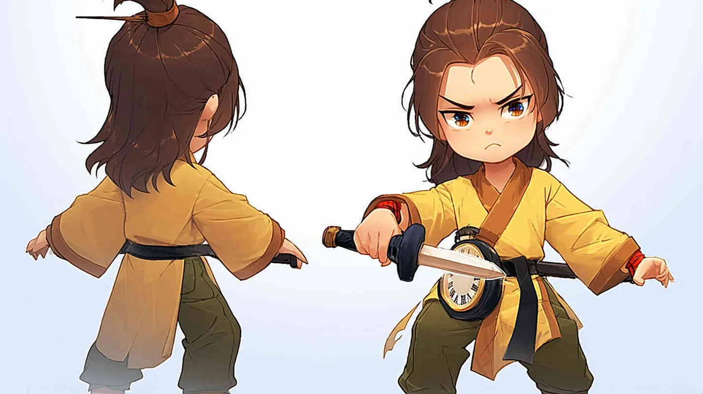 A three view view, front, side, back, and full body, featuring a historical costume Q-version character wearing a yellow Taoist robe,DeI stijil,chibi style, red cuffs, and half tied hair, holding a clock, OC setting, Q-version art style, white background,  ancient style IP design, Q-version, best quality, using the Niji v6 version, size must be horizontal version，4k, super detail , front view -- niji 6- s 150-- ar 3:2-- style raw - style3部分