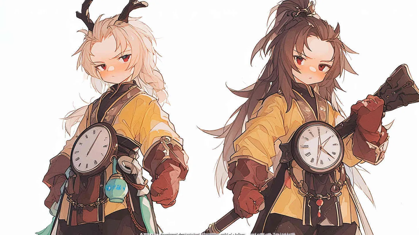 A three view view, front, side, back, and full body, featuring a historical costume Q-version character wearing a yellow Taoist robe,DeI stijil,chibi style, red cuffs, and half tied hair, holding a clock, OC setting, Q-version art style, white background,  ancient style IP design, Q-version, best quality, using the Niji v6 version, size must be horizontal version，4k, super detail , front view -- niji 6- s 150-- ar 3:2-- style raw - style4部分