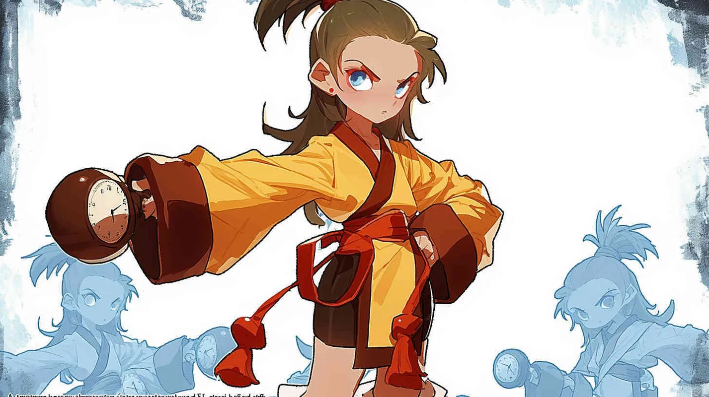 A three view view, front, side, back, and full body, featuring a historical costume Q-version character wearing a yellow Taoist robe,DeI stijil,chibi style, red cuffs, and half tied hair, holding a clock, a boy,OC setting, Q-version art style, white background,  ancient style IP design, Q-version, best quality, using the Niji v6 version, size must be horizontal version，4k, super detail , front view -- niji 6- s 150-- ar 3:2-- style raw - style2部分
